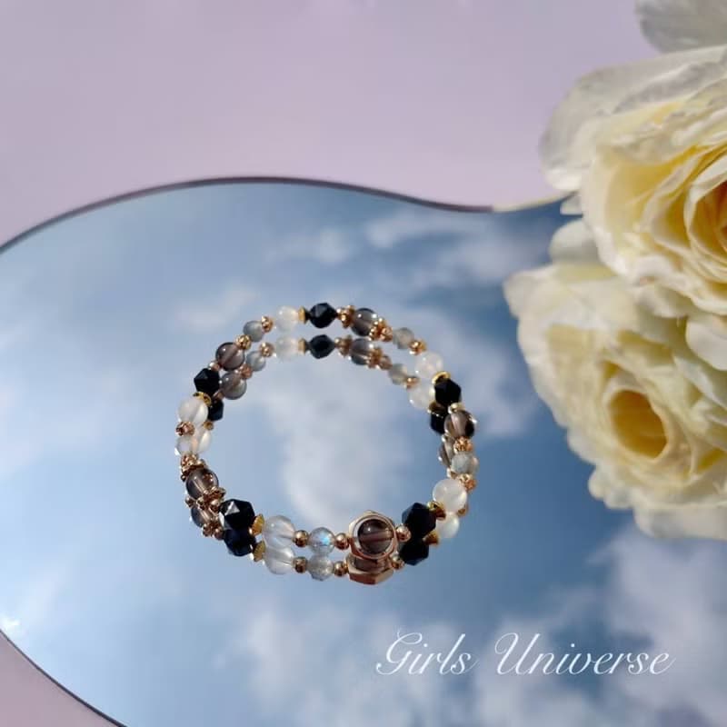 無人之境。月光石 黑曜石 拉長石 14K包金 水晶礦石設計手鍊