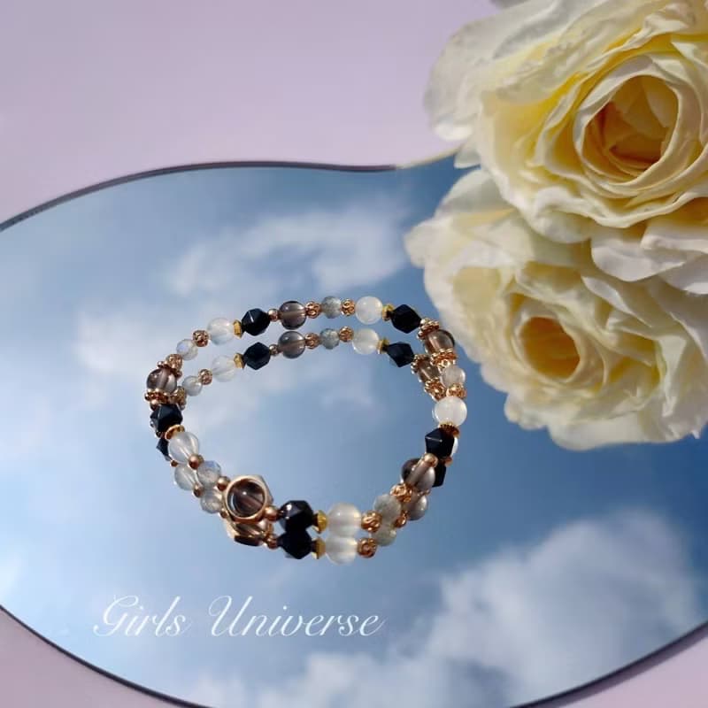 無人之境。月光石 黑曜石 拉長石 14K包金 水晶礦石設計手鍊