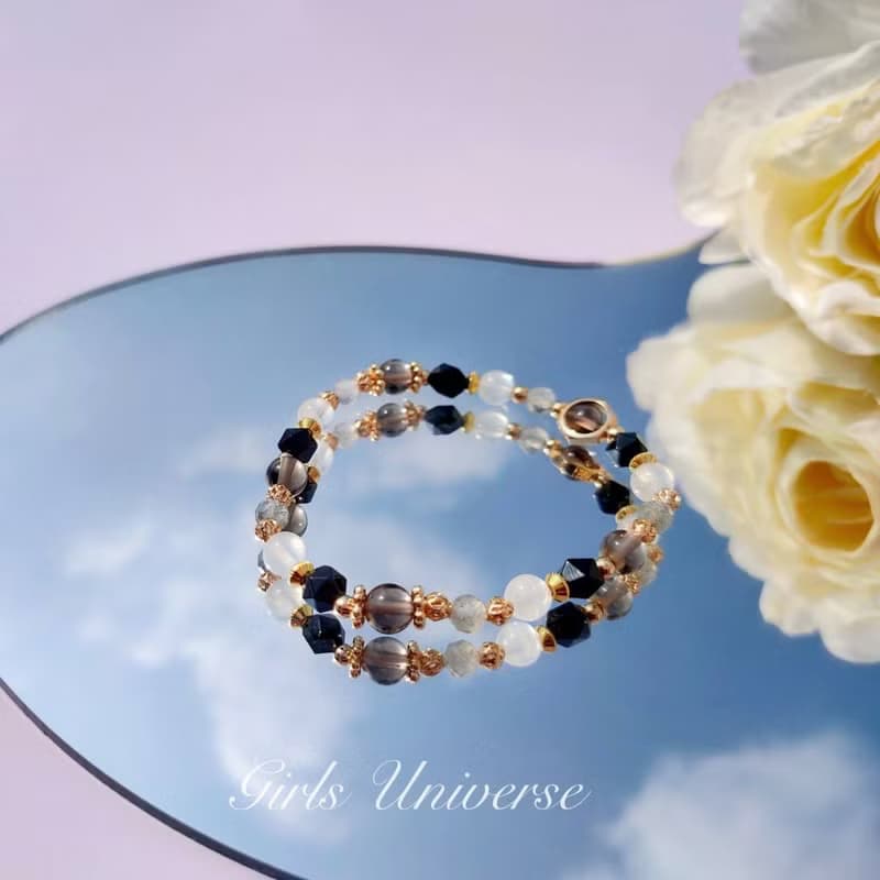 無人之境。月光石 黑曜石 拉長石 14K包金 水晶礦石設計手鍊