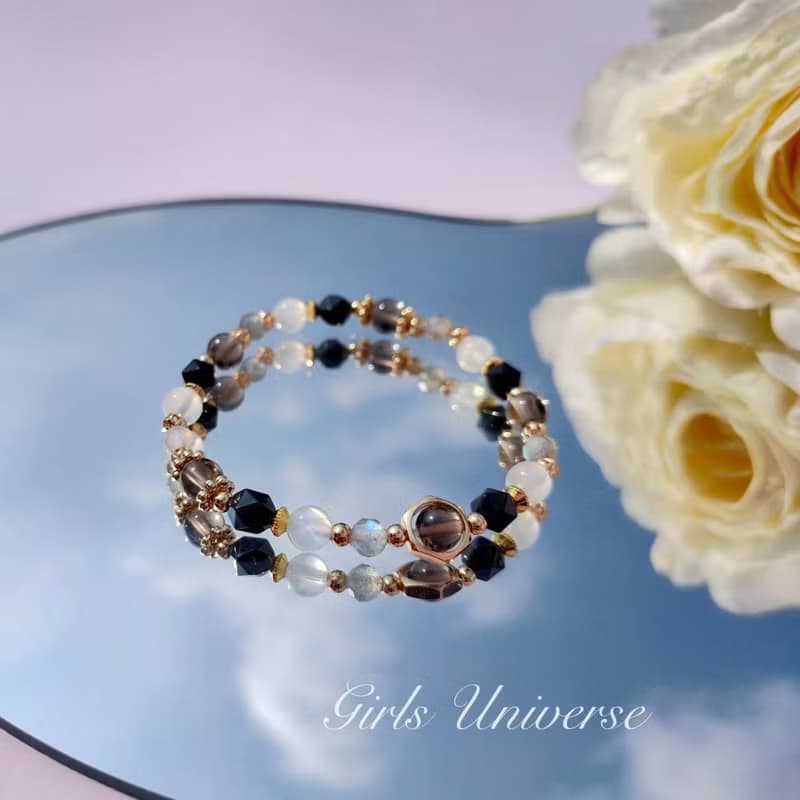 無人之境。月光石 黑曜石 拉長石 14K包金 水晶礦石設計手鍊