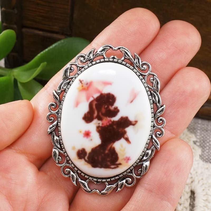 Black Poodle Pink White Porcelain Cameo Silver Oval Brooch Pin Woman Jewelry