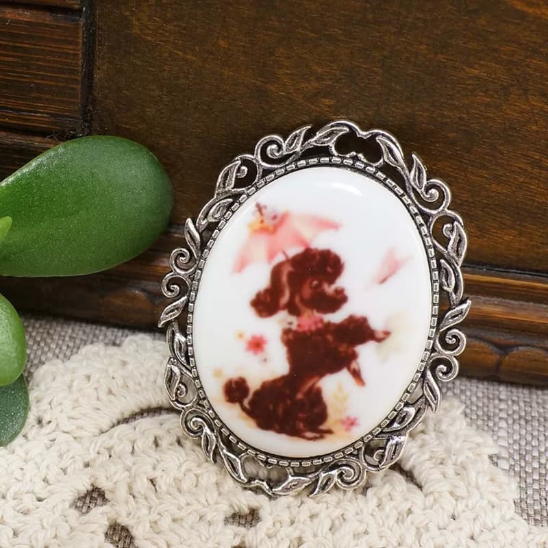 Black Poodle Pink White Porcelain Cameo Silver Oval Brooch Pin Woman Jewelry