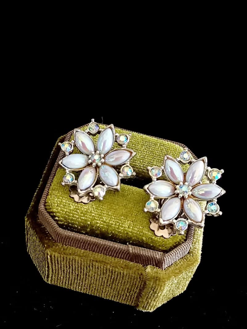 vintage jewelry  氣質極光藍萊茵雪花造型 夾式耳環