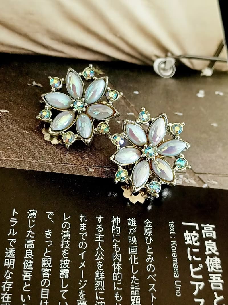 vintage jewelry  氣質極光藍萊茵雪花造型 夾式耳環