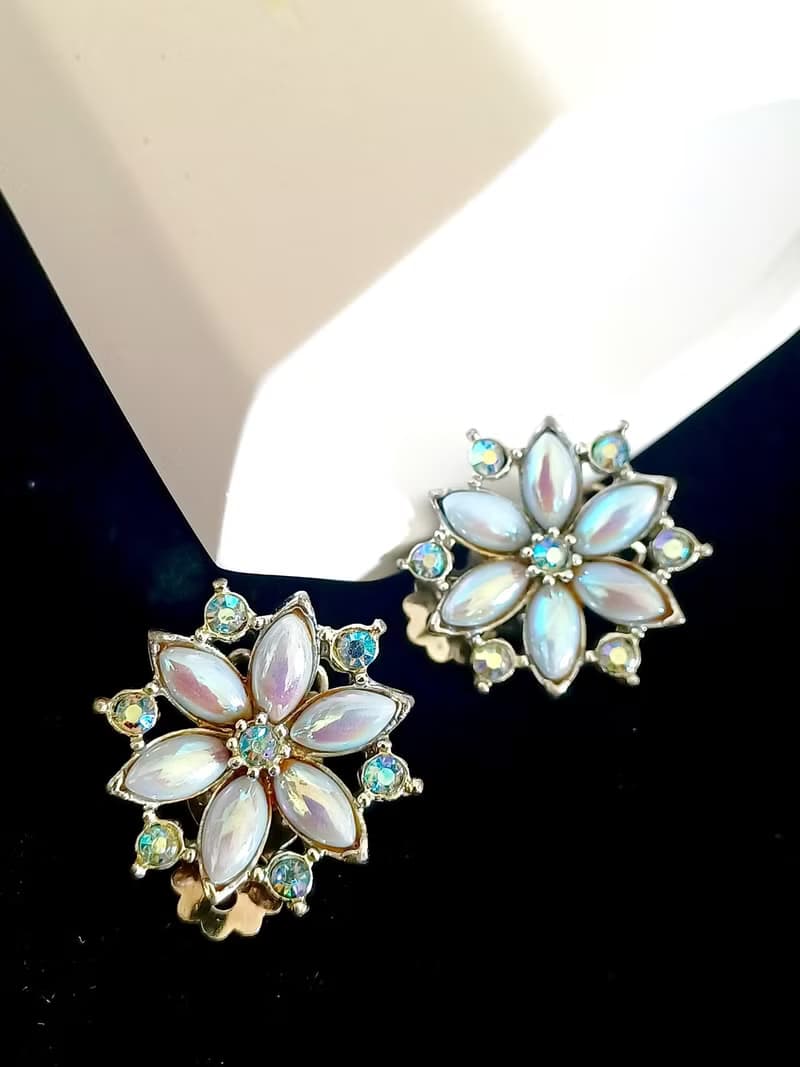 vintage jewelry  氣質極光藍萊茵雪花造型 夾式耳環