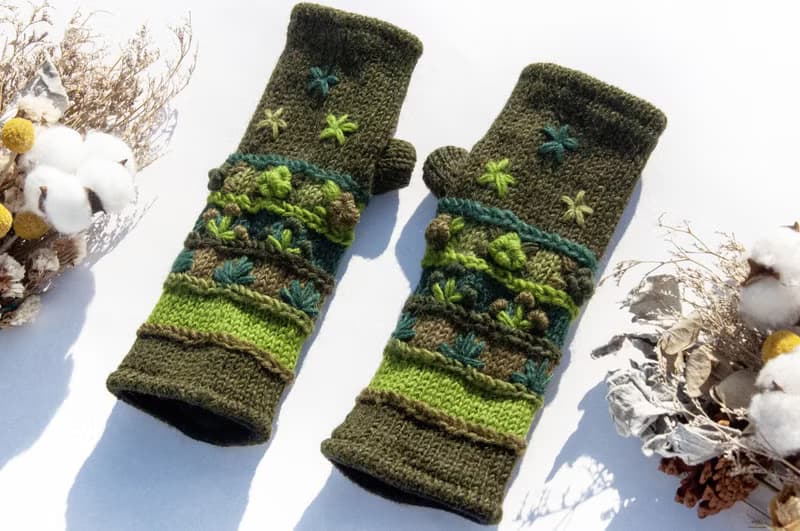 手織純羊毛針織手套/露趾手套/內刷毛手套/保暖手套-立體花朵刺繡