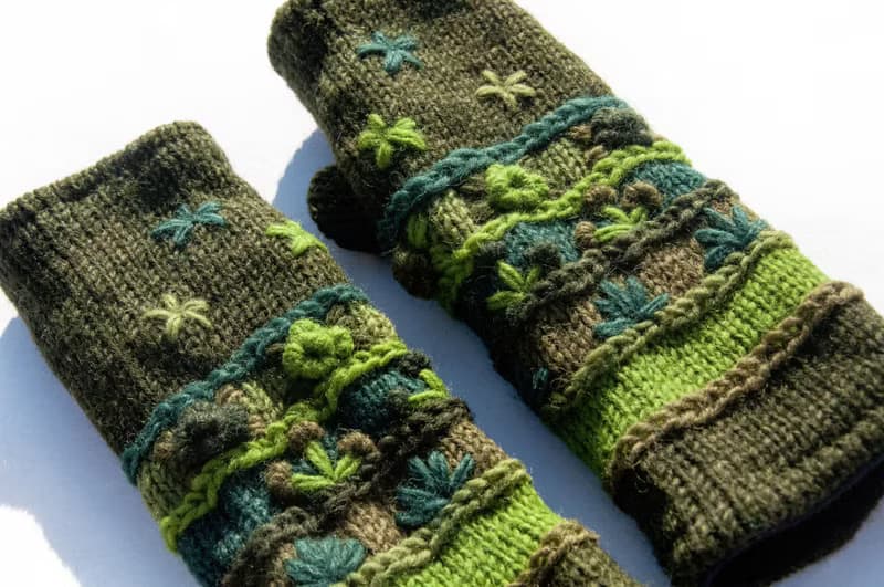 手織純羊毛針織手套/露趾手套/內刷毛手套/保暖手套-立體花朵刺繡