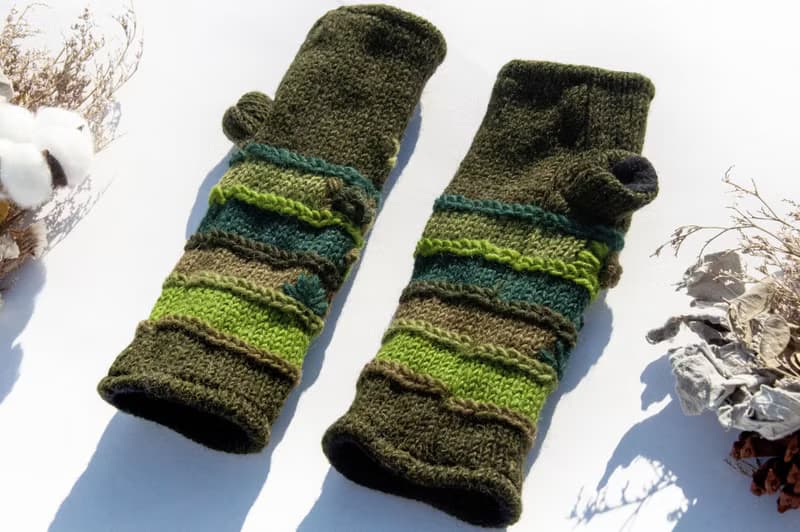 手織純羊毛針織手套/露趾手套/內刷毛手套/保暖手套-立體花朵刺繡