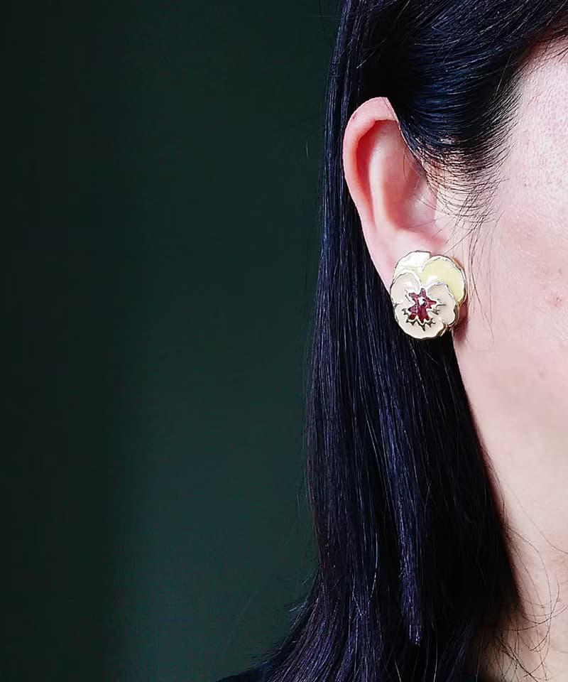 vintage jewelry  典雅琺瑯蘭花夾式耳環
