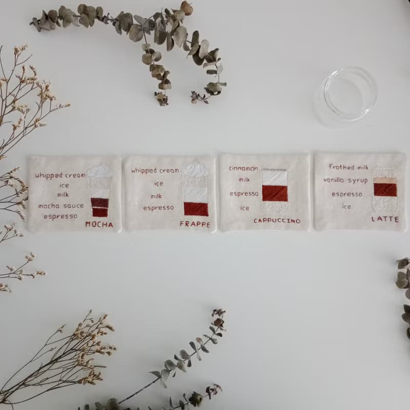 Coffee coaster set 4 PCS hand embroidered 100% cotton fabric