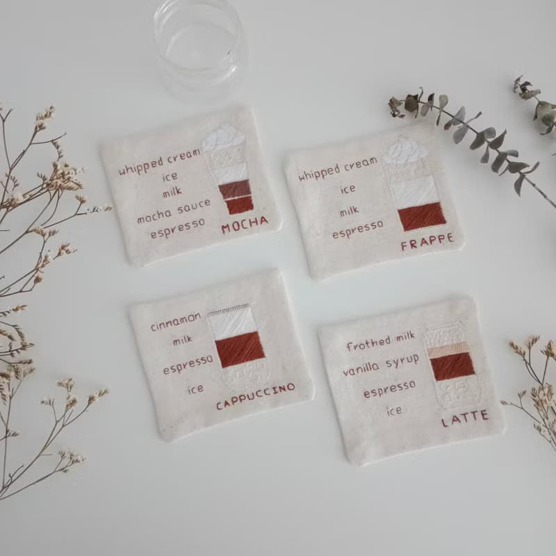 Coffee coaster set 4 PCS hand embroidered 100% cotton fabric