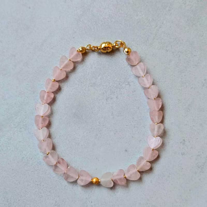 【日本製】ハートモチーフブレスレット・ローズクォーツ