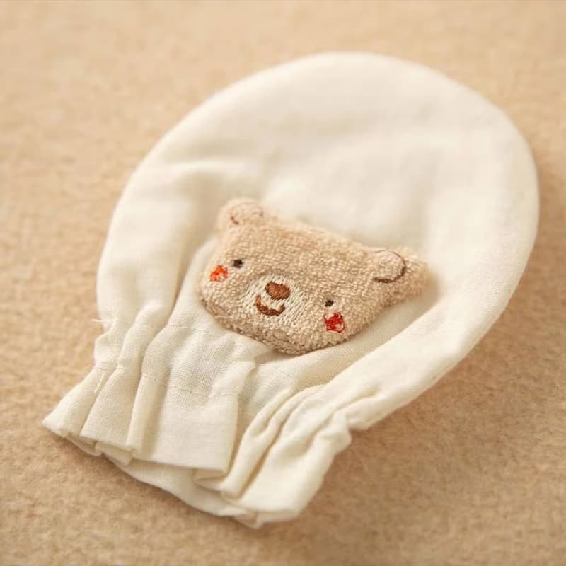 【日本Amorosa Mamma有機棉】嬰兒棉紗/紗布手套 貼布繡小熊