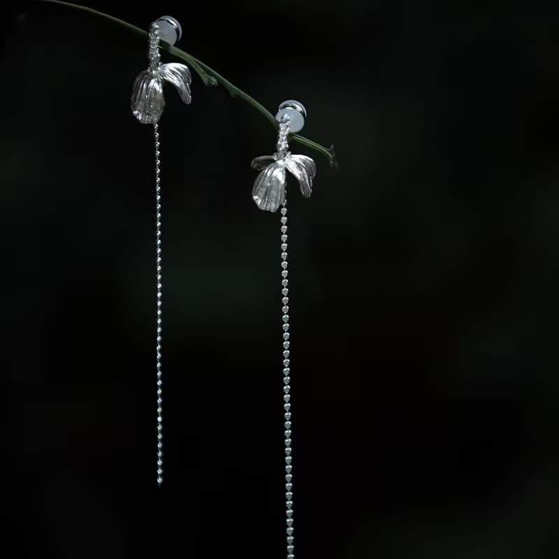 野花植物925純銀靈動花朵耳環耳線大氣質簡約長耳飾修飾臉型度假
