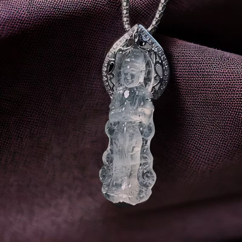 玻璃種翡翠觀音菩薩吊墜18K金鑽石鑲嵌 | 天然緬甸翡翠A貨 | 送禮