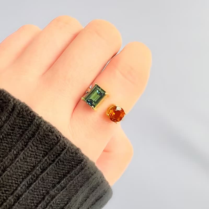 Dark green Crystal Glass and Madeira Citrine   Adjustable Ring【gift box】