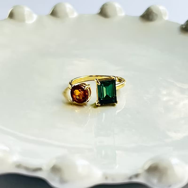 Dark green Crystal Glass and Madeira Citrine   Adjustable Ring【gift box】