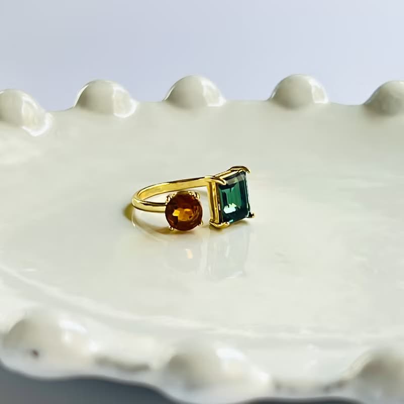 Dark green Crystal Glass and Madeira Citrine   Adjustable Ring【gift box】