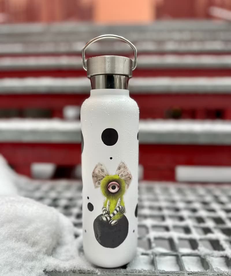 Steel bottle in cyclops style. Stainless steel thermos. Bottle for water