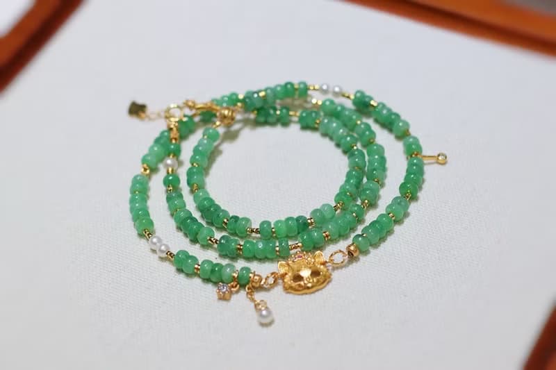 原創天然A貨翡翠項鏈毛衣鏈翡翠算盤珠搭配淡水珍珠招財貓項鏈