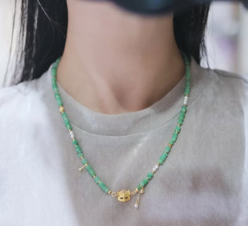 原創天然A貨翡翠項鏈毛衣鏈翡翠算盤珠搭配淡水珍珠招財貓項鏈