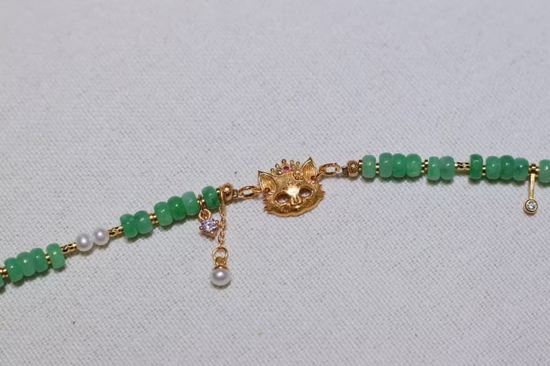 原創天然A貨翡翠項鏈毛衣鏈翡翠算盤珠搭配淡水珍珠招財貓項鏈