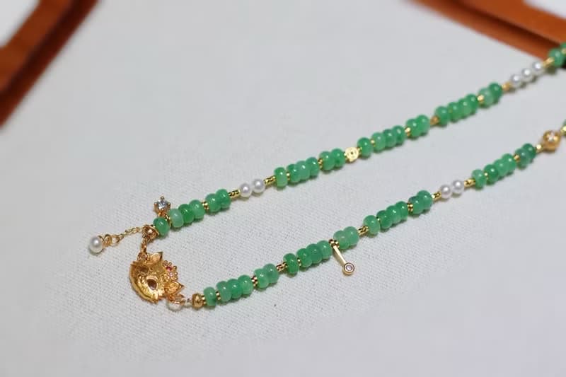 原創天然A貨翡翠項鏈毛衣鏈翡翠算盤珠搭配淡水珍珠招財貓項鏈