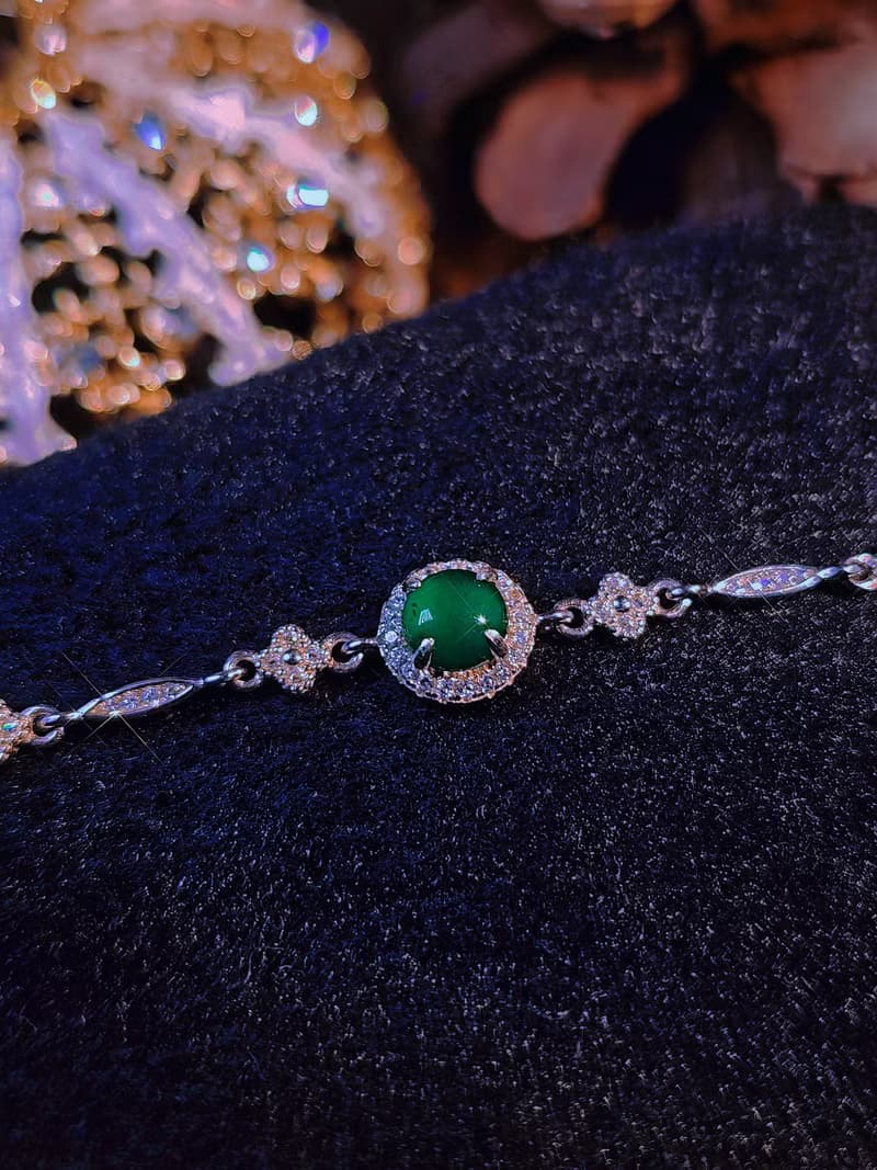 |幸運女神|A貨翡翠冰玻綠大蛋面6mm純銀鍍18k四葉草手鏈