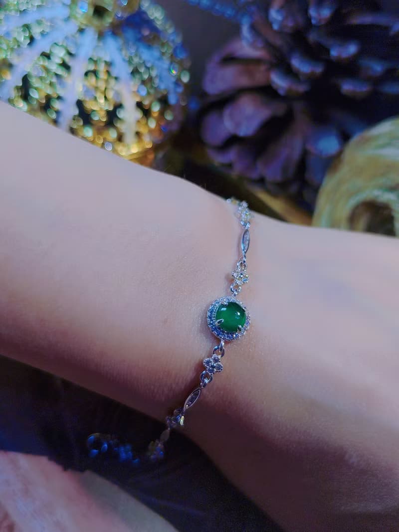 |幸運女神|A貨翡翠冰玻綠大蛋面6mm純銀鍍18k四葉草手鏈