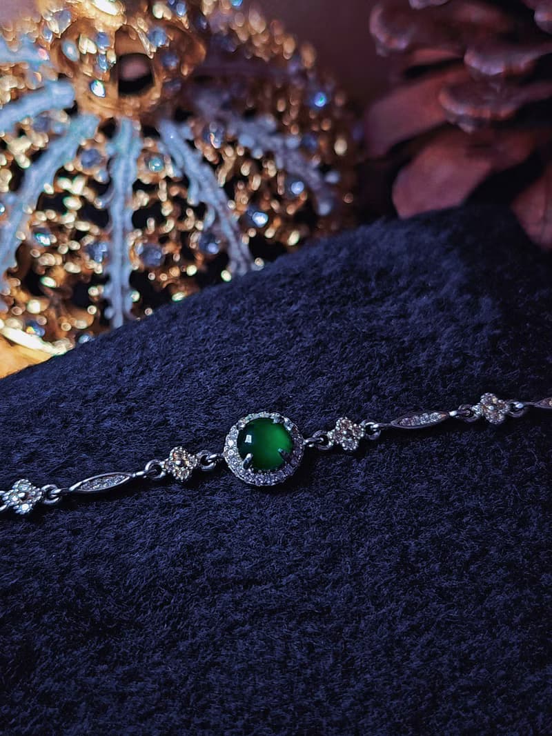 |幸運女神|A貨翡翠冰玻綠大蛋面6mm純銀鍍18k四葉草手鏈