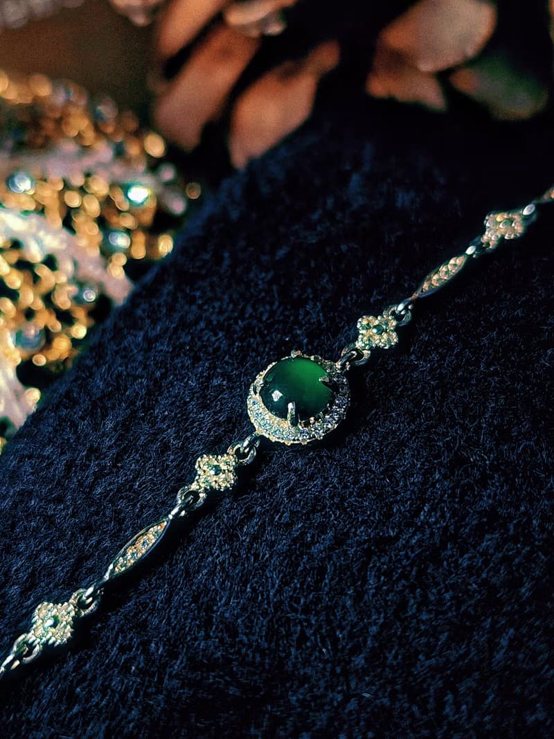 |幸運女神|A貨翡翠冰玻綠大蛋面6mm純銀鍍18k四葉草手鏈