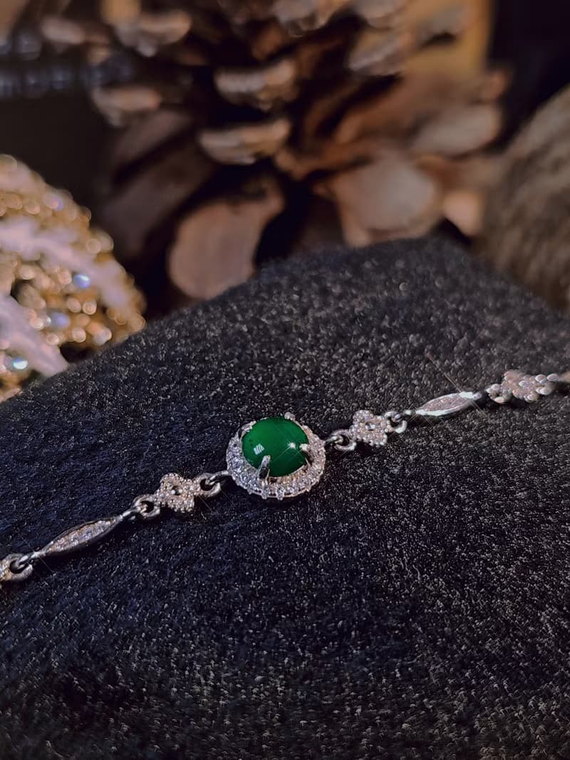 |幸運女神|A貨翡翠冰玻綠大蛋面6mm純銀鍍18k四葉草手鏈