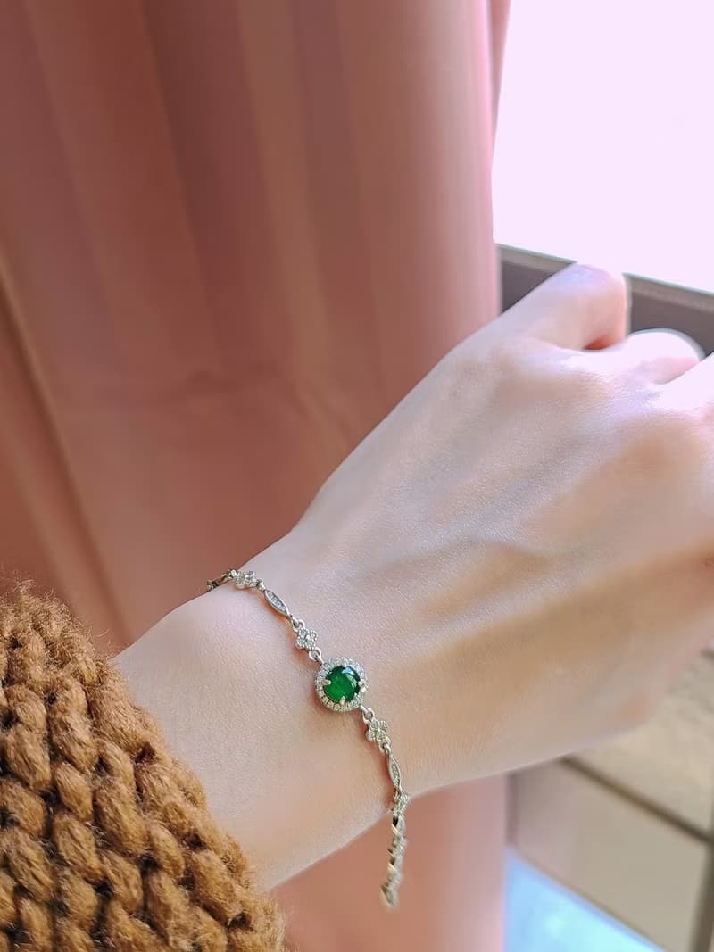|幸運女神|A貨翡翠冰玻綠大蛋面6mm純銀鍍18k四葉草手鏈