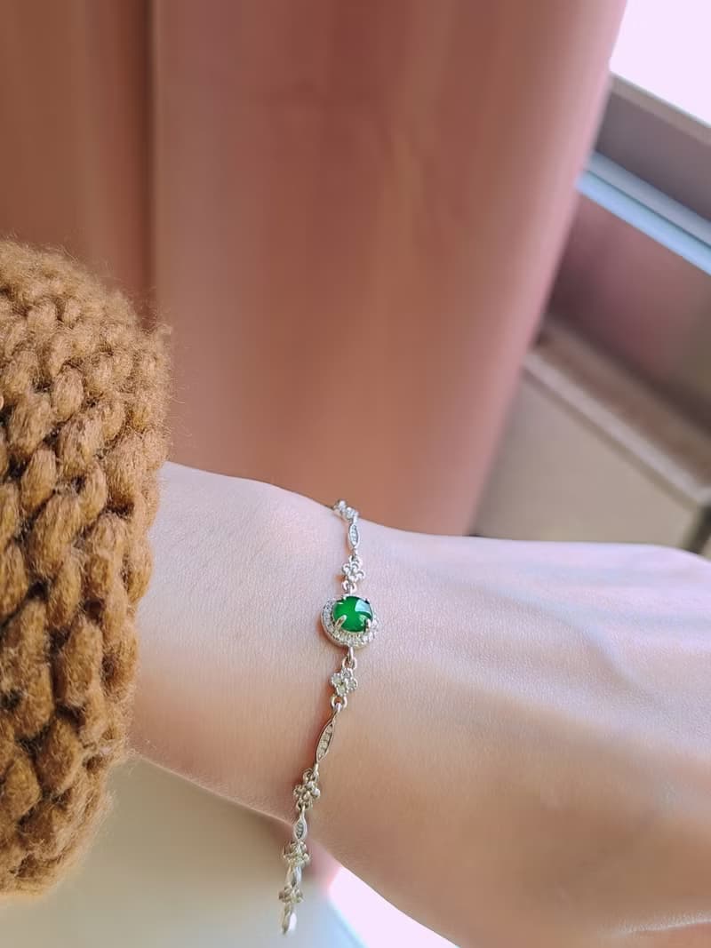 |幸運女神|A貨翡翠冰玻綠大蛋面6mm純銀鍍18k四葉草手鏈