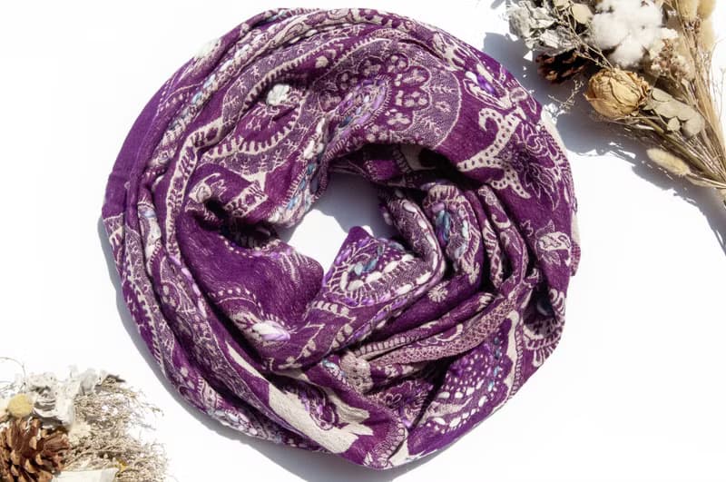 喀什米爾Cashmere/水煮羊毛披肩/針織圍巾/刺繡圍巾/羊絨披巾-花