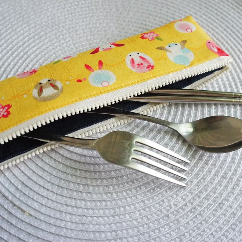 Lovely【日本布】月亮兔子餐具袋、筆袋、黃色、23-24公分筷子