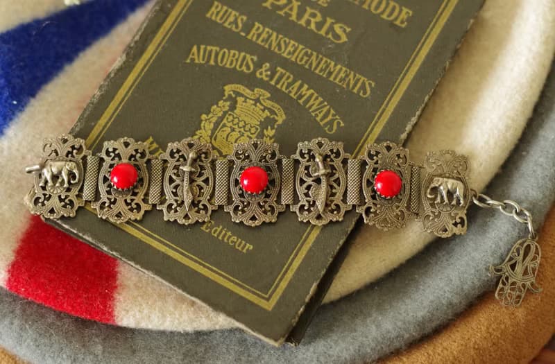 古董法國購入銀色蕾絲雕花大象手劍刀手鍊 法蒂瑪之手HAMSA