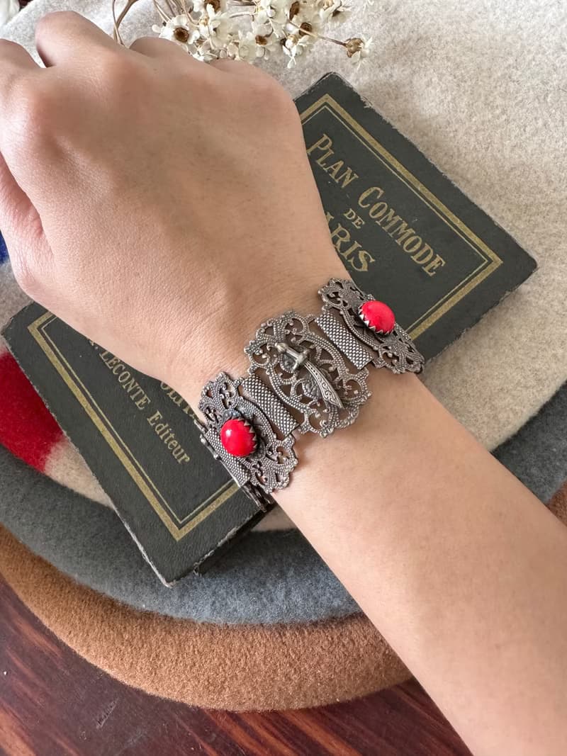 古董法國購入銀色蕾絲雕花大象手劍刀手鍊 法蒂瑪之手HAMSA