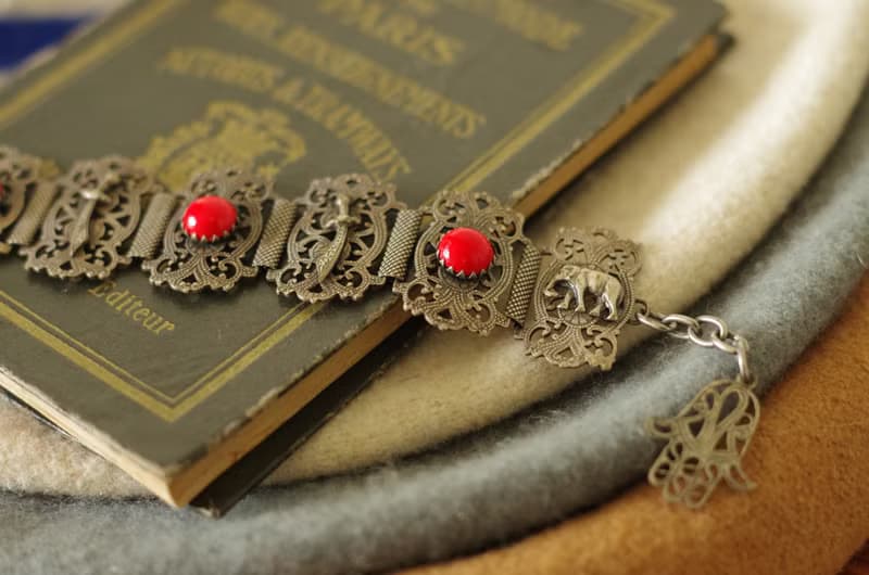 古董法國購入銀色蕾絲雕花大象手劍刀手鍊 法蒂瑪之手HAMSA