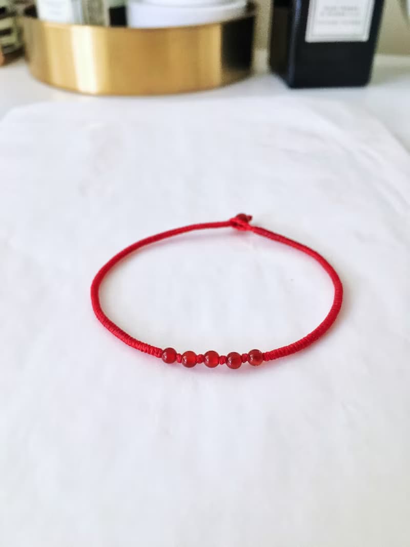 迷你紅瑪瑙*5 金剛結 蠟線 手環 極細 /  開運 交換禮物 姻緣