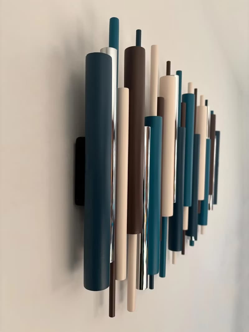 手工木質3D壁掛雕塑 青綠 米色 深棕色 搭配鍍鉻或銅色點綴