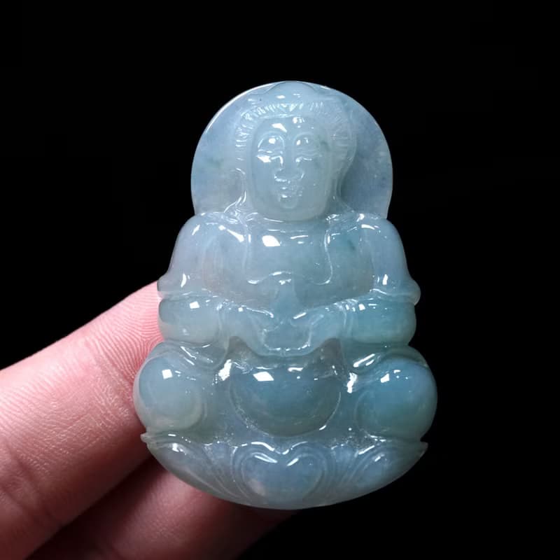 冰種飄綠翡翠精雕觀音菩薩 | 天然緬甸玉翡翠A貨 | 送禮