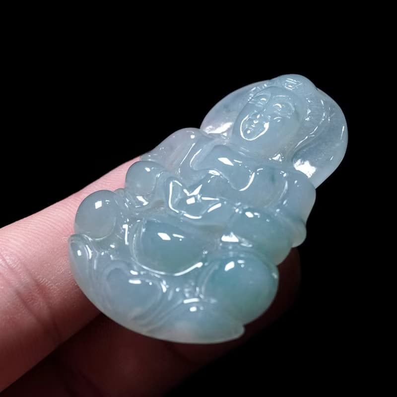 冰種飄綠翡翠精雕觀音菩薩 | 天然緬甸玉翡翠A貨 | 送禮