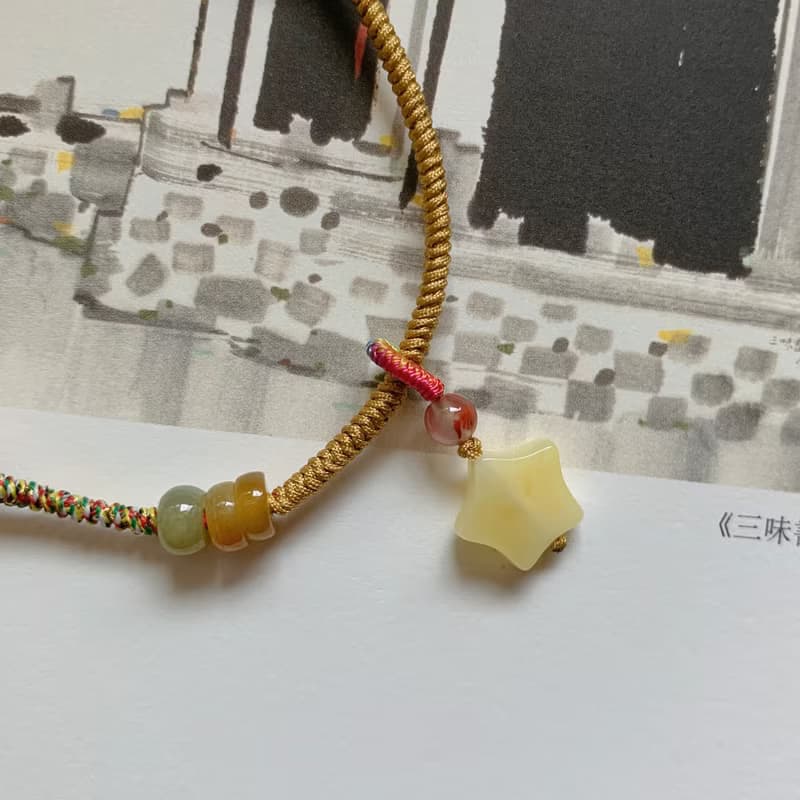 紅顏意。天然蜜蠟星星復古編織手鏈 雙彩翡翠南紅瑪瑙原創手繩