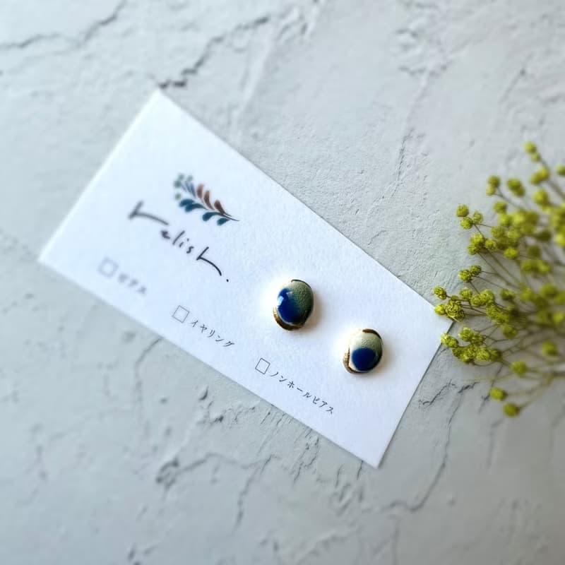 【再販】やちむん 風 金継ぎ ライン 陶器 ピアス イヤリング ノンホールピアス 小ぶり 小さい シンプル 和モダン 瑠璃 青 ブルー 焦げ茶 ブラウン モダン