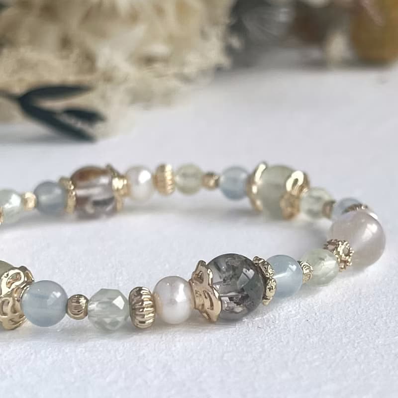 綠幽靈 藍暈月光石 珍珠 葡萄石 天然水晶手鏈