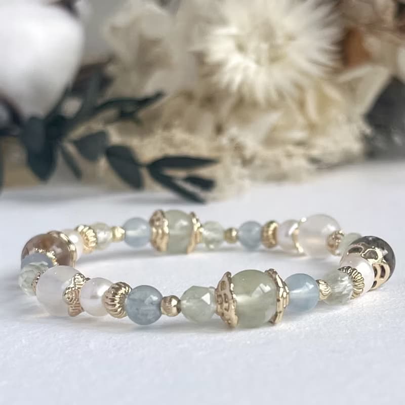 綠幽靈 藍暈月光石 珍珠 葡萄石 天然水晶手鏈