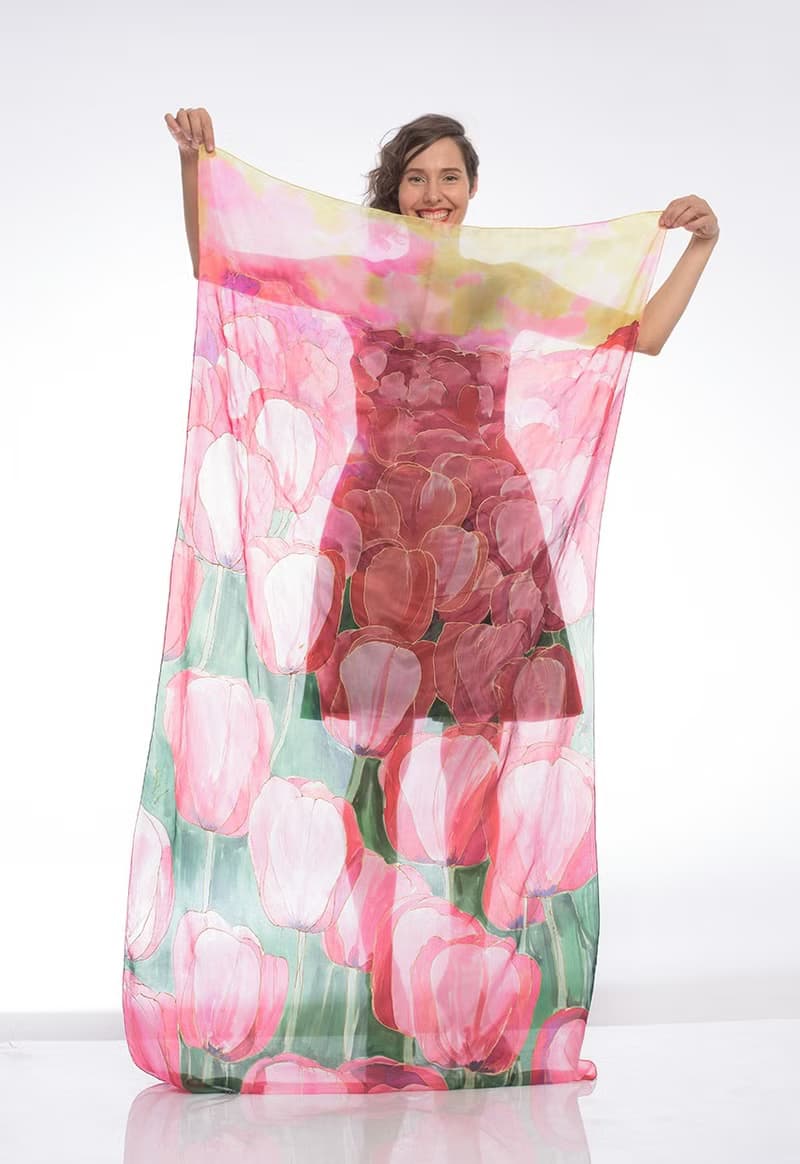 Red Hand painted silk shawl- The Tulip's Garden