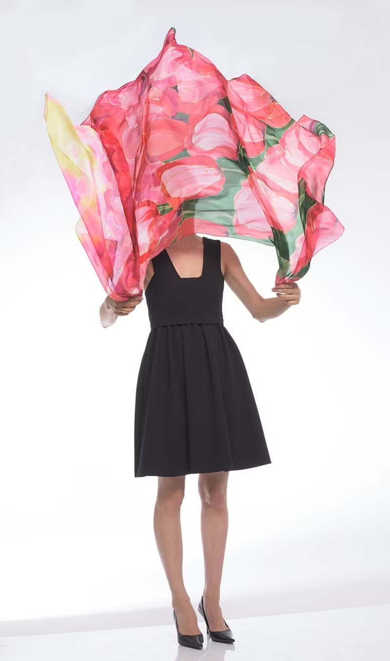 Red Hand painted silk shawl- The Tulip's Garden