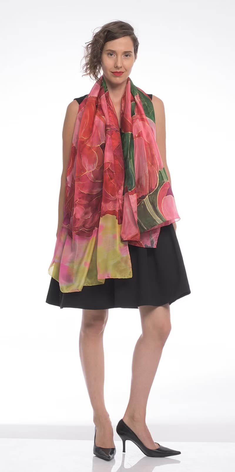 Red Hand painted silk shawl- The Tulip's Garden